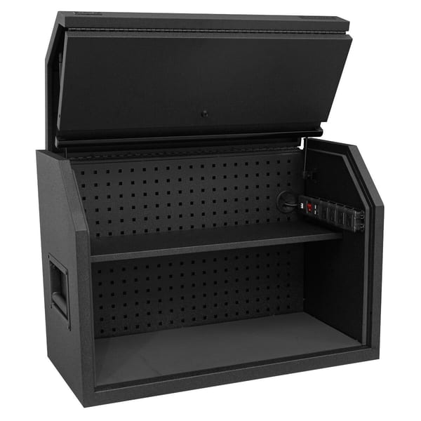 Black storage bench featuring a lockable lid and internal shelving, ideal for organisation and security in various settings.
