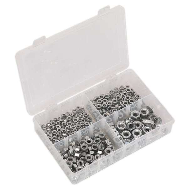 Assorted metal nuts and bolts in a clear plastic storage box, featuring various sizes and types for versatile applications.