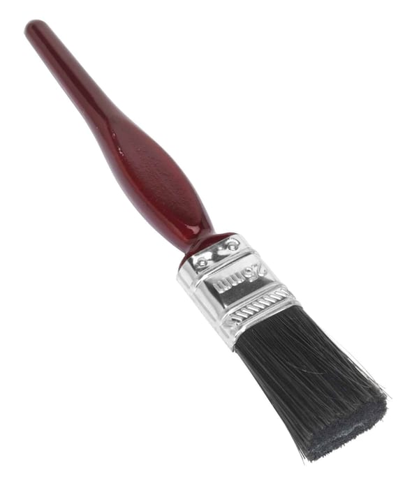Red handle paint brush with black bristles and metal ferrule, ideal for various painting tasks and projects.