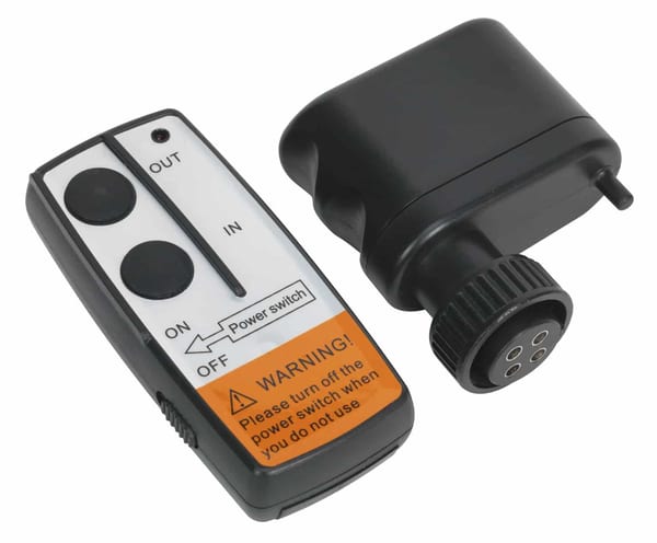 Universal winch remote control with buttons for IN and OUT functions, includes power switch.