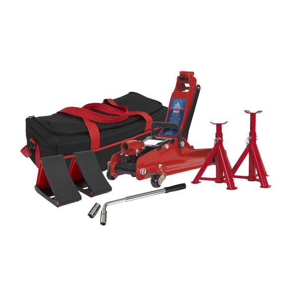 Low Entry Short Chassis Trolley Jack & Accessories Bag Combo, 2 Tonne - Red