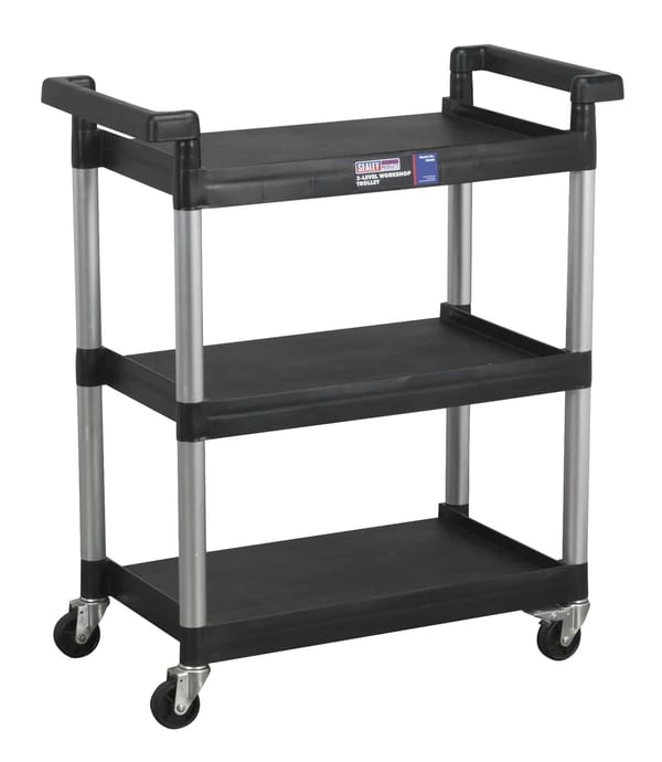 3-level workshop trolley with sturdy plastic shelves and metal frame, ideal for tool storage
