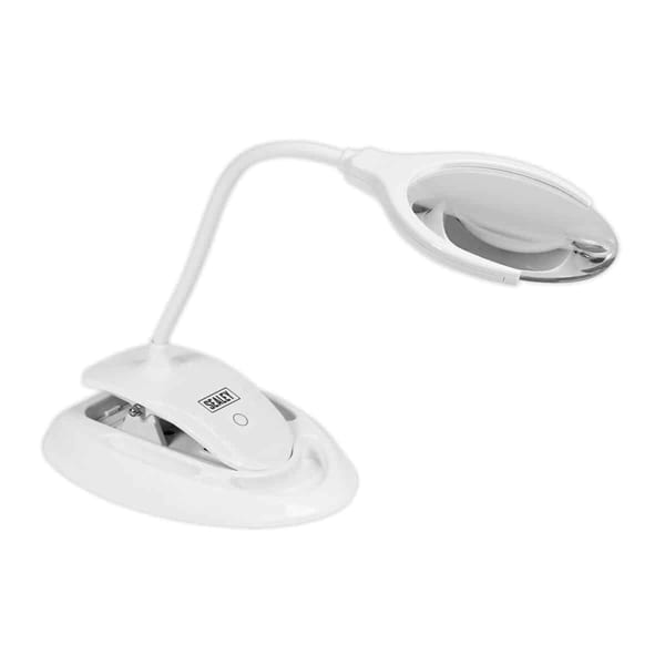 White LED magnifying desk lamp with flexible arm and built-in light, ideal for detailed tasks and reading.