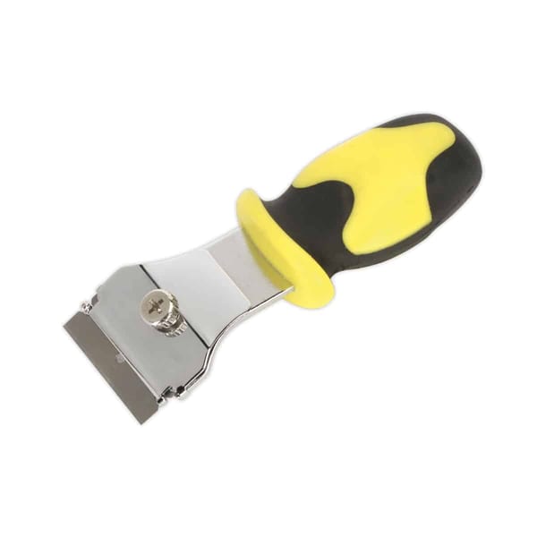 Razor scraper with comfort grip handle in yellow and black, displayed in a box of 12.