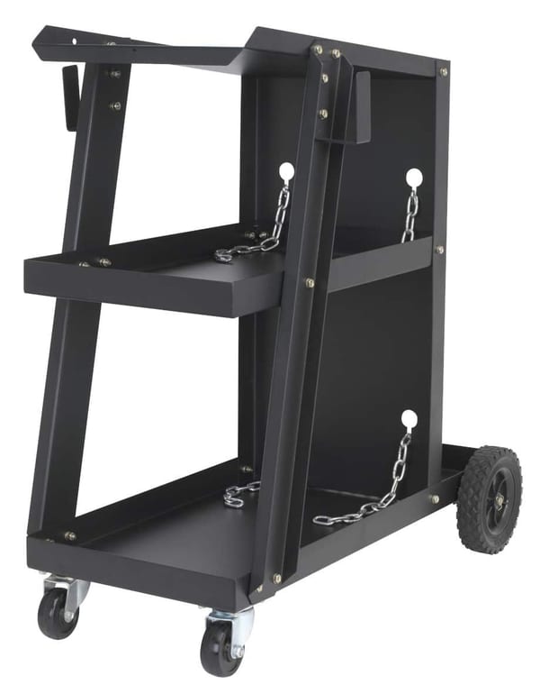 Universal trolley for portable MIG welders with wheels and storage shelves.
