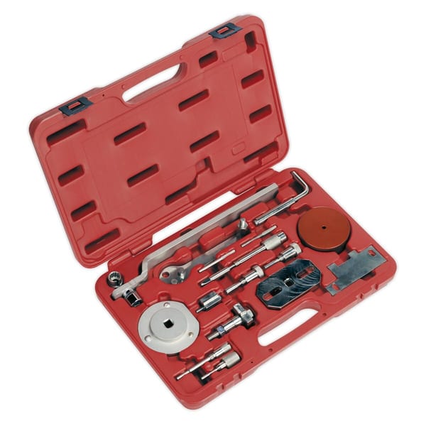 Automotive tool set in a red case, featuring various tools for vehicle maintenance and repair, including wrenches and adapters.