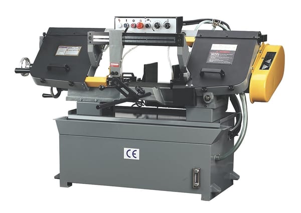 Industrial band saw machine with dual blades and control panel for precision cutting of various materials.