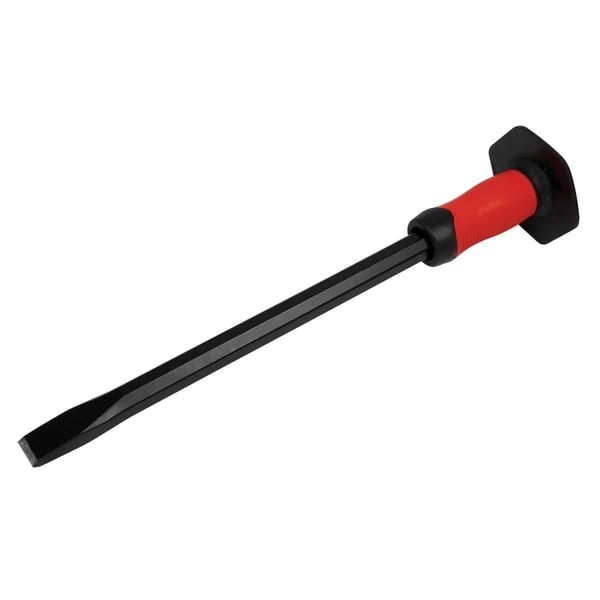 Heavy-duty pry bar featuring a durable steel shaft and a comfortable rubber grip handle for enhanced leverage and control.