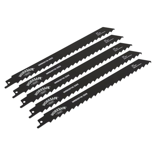 Set of five Worksafe reciprocating saw blades, designed for efficient cutting in various materials, featuring durable construction and sharp teeth.