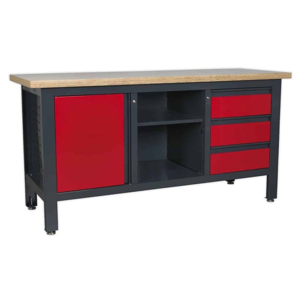 Sturdy red and grey workbench featuring a wooden top, cabinets, and drawers for efficient storage and organisation in workshops or garages.