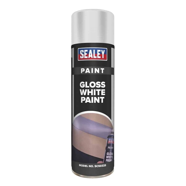 Sealey gloss white spray paint in a 400ml can, ideal for various surfaces and projects, featuring a sleek design and easy application.