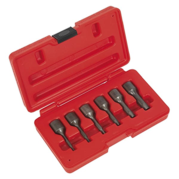 7-piece screwdriver bit set in a red plastic case, featuring various sizes for versatile use in DIY and professional tasks.
