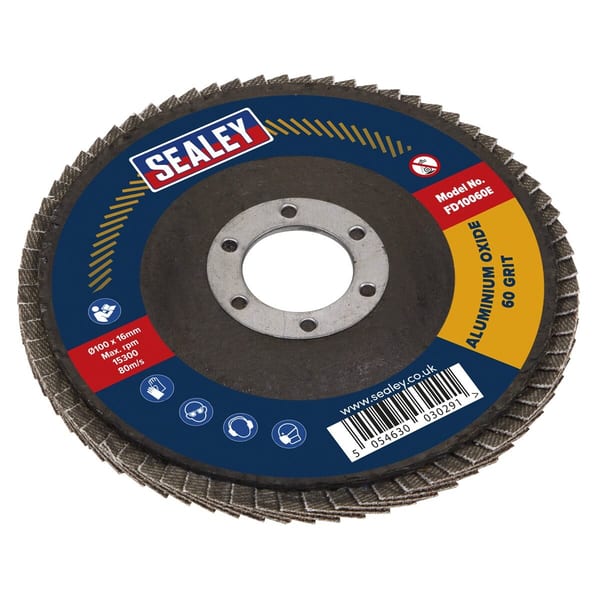 Sealey aluminium oxide flap disc with 60 grit for grinding and finishing metal surfaces, 100mm diameter, model FD0609E.