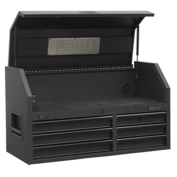 Sealey tool chest featuring multiple drawers and a spacious top compartment for tools and equipment storage, ideal for workshops.