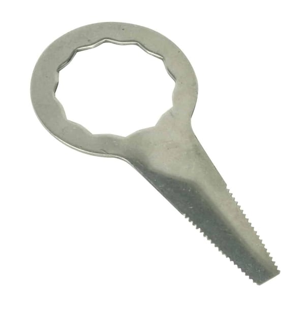 Metal bottle opener featuring a serrated edge and circular grip, designed for easy bottle cap removal and opening.