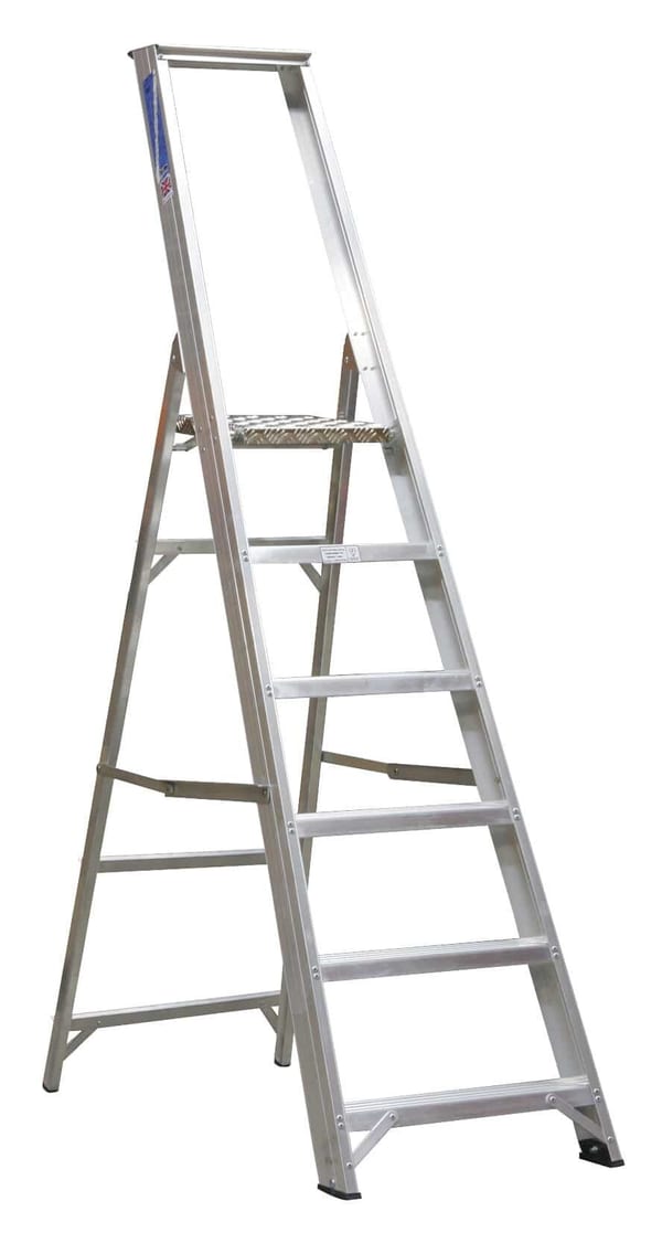 Aluminium 6-tread step ladder, industrial grade, BS 2037/1 compliant for safety and stability.
