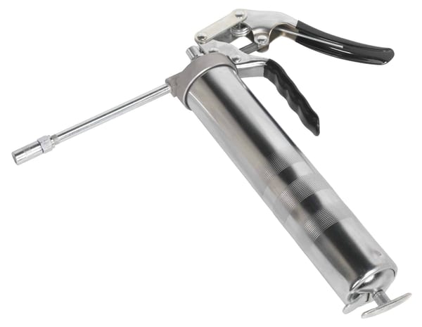 Pistol type grease gun for lubricating machinery and auto parts.