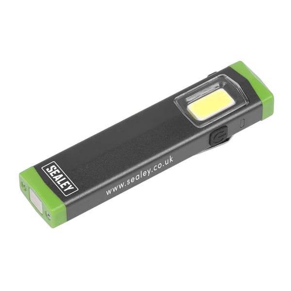 Sealey rechargeable LED work light with a slim design and bright illumination, ideal for various tasks and environments.