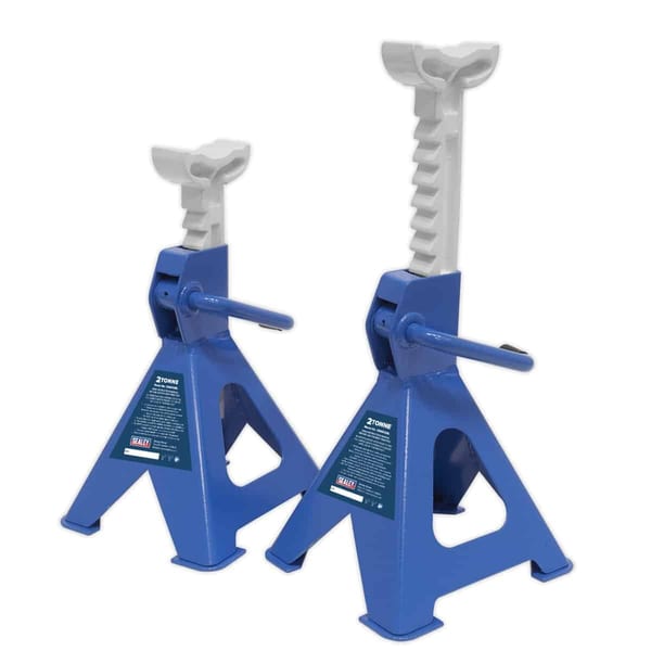 Set of heavy-duty car jack stands for vehicle support, featuring adjustable height and sturdy construction.