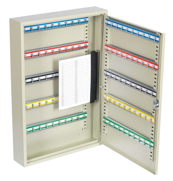 Metal key cabinet featuring multiple hooks and a clipboard for key organisation, suitable for secure storage.