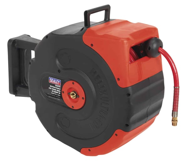 Sealey air hose reel featuring a durable design and retractable hose for efficient air tool usage in workshops and garages.