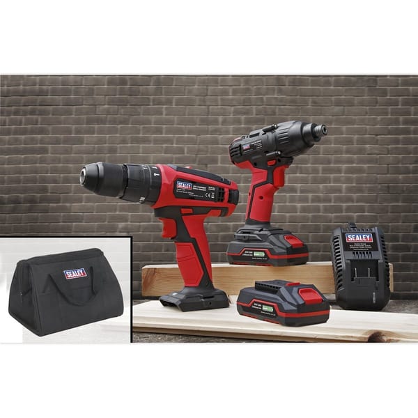 Sealey cordless drill set featuring two drills, batteries, and charger in a black carry bag, ideal for various DIY tasks.