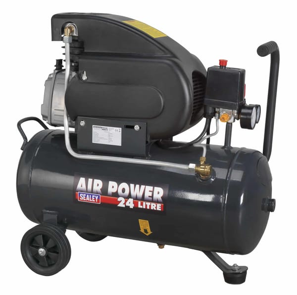 Sealey 24 litre air compressor with a powerful motor and pressure gauge, suitable for various pneumatic applications.