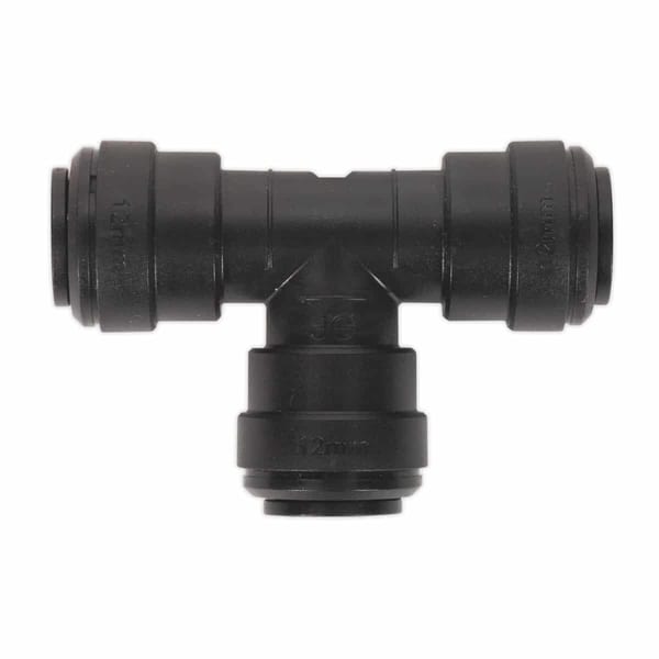Black plastic T-pipe connector with 12mm fittings for plumbing and irrigation systems, durable and reliable for various applications.