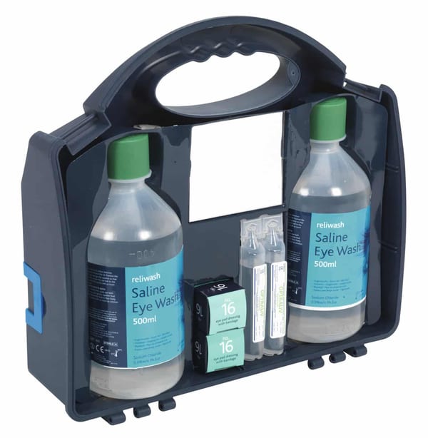 Saline eye wash station with two 500ml bottles and first aid supplies for safety.