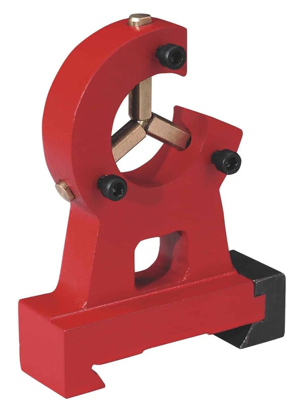 Red mechanical tool holder with three adjustable arms for precision work, suitable for various applications in engineering and crafting.