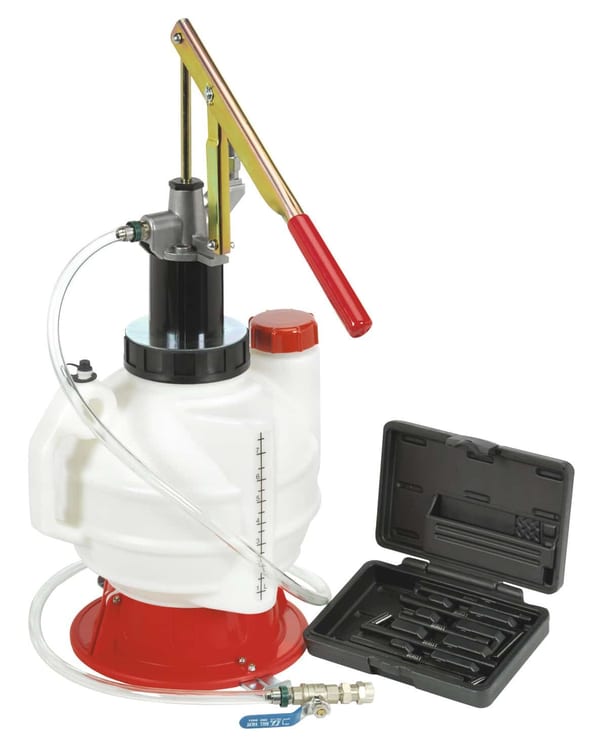 Transmission and engine oil filling system with tools for vehicle servicing.