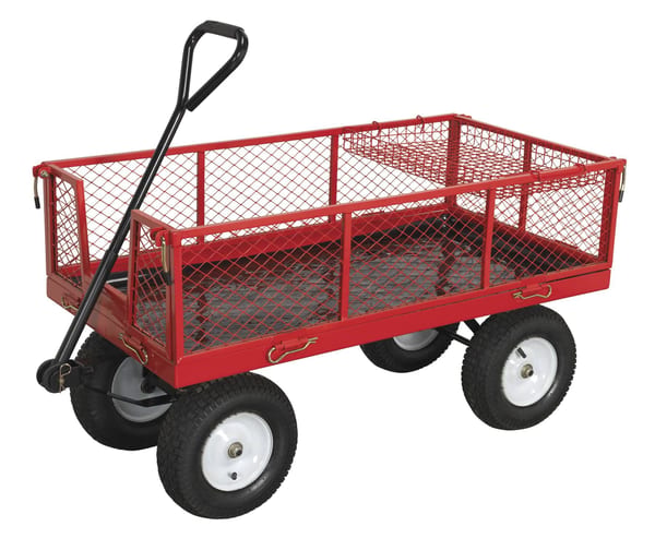 Platform truck with pneumatic tyres, 450kg capacity, ideal for material handling.
