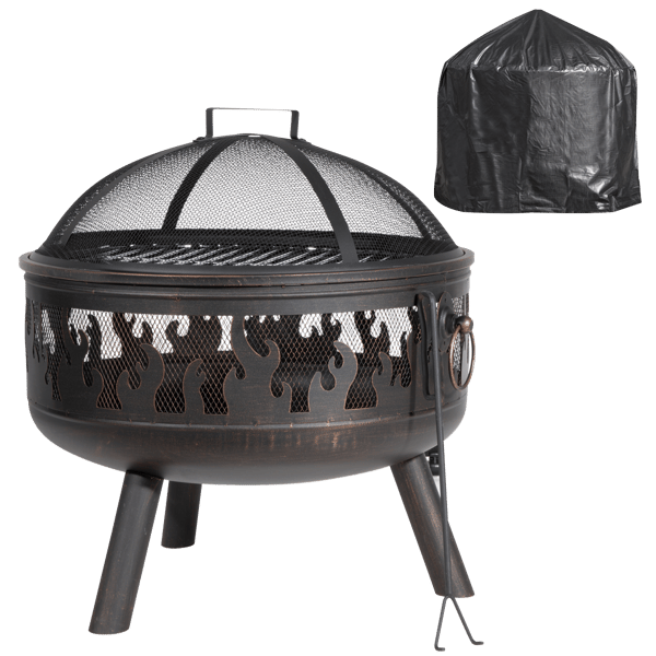 Deluxe 24" Fire Pit, Fireplace, Outdoor Patio Heater, Decoration Rings, Supplied with Cooking Grill, Safety Screen, Poker & Cover