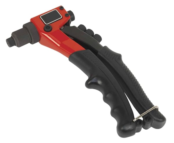 Red hand riveter tool with adjustable grip for bodyshop and garage use.