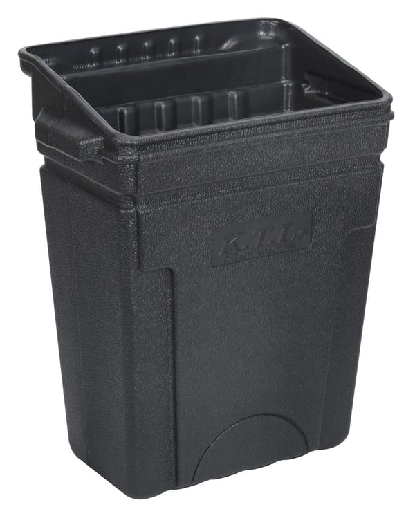 Durable black waste disposal bin for efficient workshop storage.