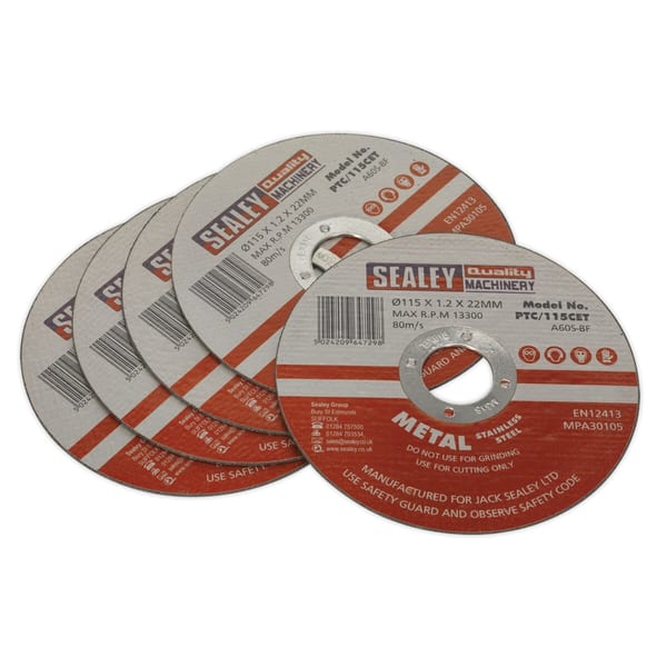 Set of four Sealey metal cutting discs, 115mm diameter, 1.2mm thickness, designed for cutting metal materials efficiently.
