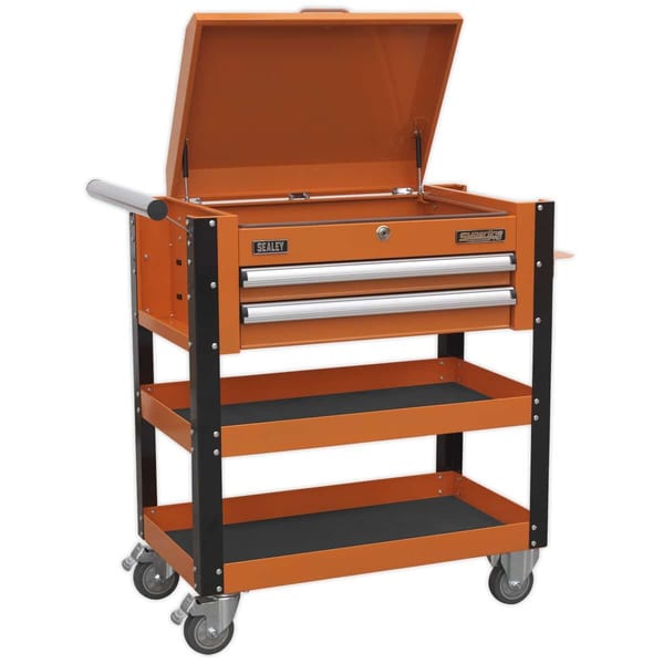 Sealey orange tool chest featuring multiple drawers and shelves, designed for storage and organisation of tools and equipment.