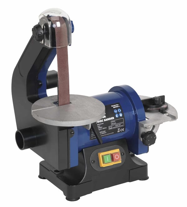 Compact disc sander machine with sanding belt and disc for woodworking and metalworking projects, featuring adjustable speed and sturdy base.