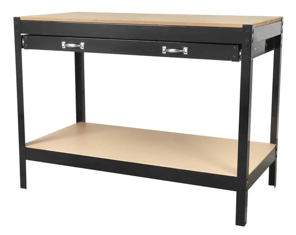 1.2m workbench with drawer and sturdy metal frame for storage and workspace efficiency.