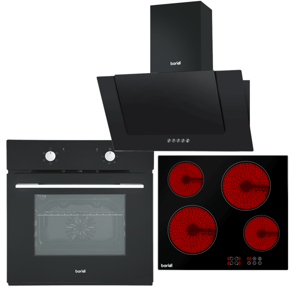 Integrated Ceramic Hob with 4 Cooking Zones, Integrated Fan-Assisted Electric Oven & Angled Chimney Cooker Hood with Carbon Filters & LED Lamp