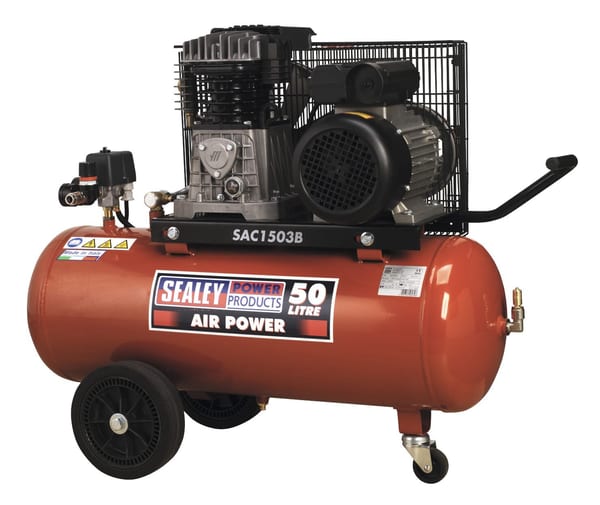 Sealey SAC1503B 50 litre air compressor with powerful motor and tank, ideal for various pneumatic applications.