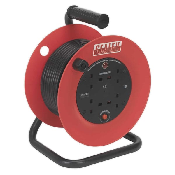 Sealey 25m heavy-duty cable reel with 4x230V sockets and thermal trip protection.