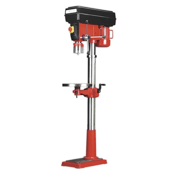 Pillar drill with adjustable height and variable speed, 650W, 230V, red and black design.
