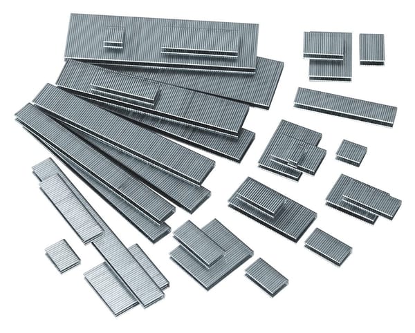 Collection of assorted metal staples in various sizes for office and craft use, featuring different shapes and dimensions.