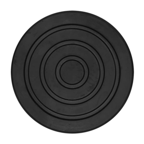 Round black rubber mat featuring concentric circles, suitable for various applications including gym equipment and flooring.