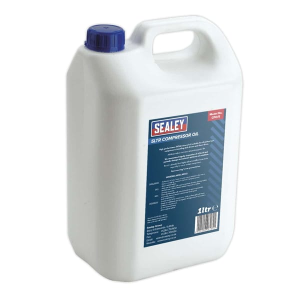 Sealey 5L compressor oil for optimal equipment lubrication and performance.