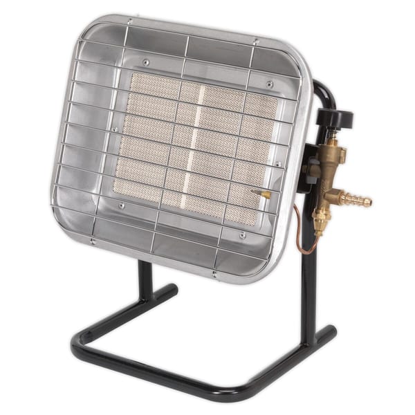 Portable gas heater featuring a sturdy stand and protective grid, ideal for outdoor heating and comfort.