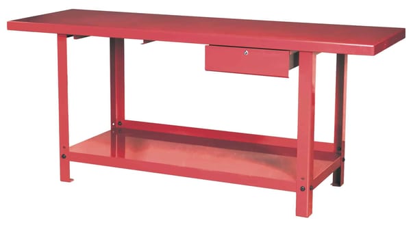 2m steel workbench with drawer, suitable for tools and workshop storage.