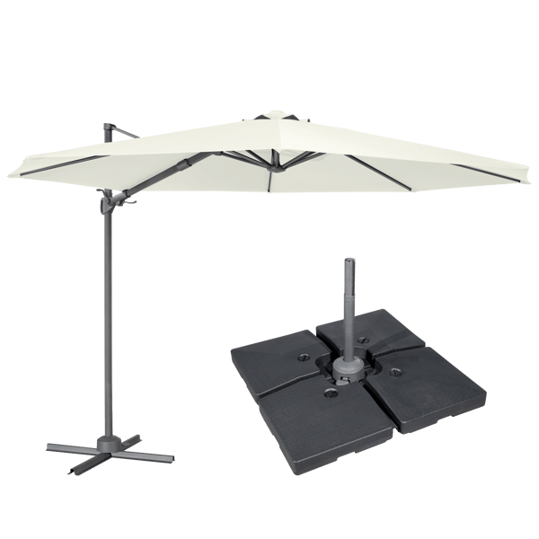 Cantilever Parasol with 360 deg Rotation, Tilt, Cover & Base 3m - Cream