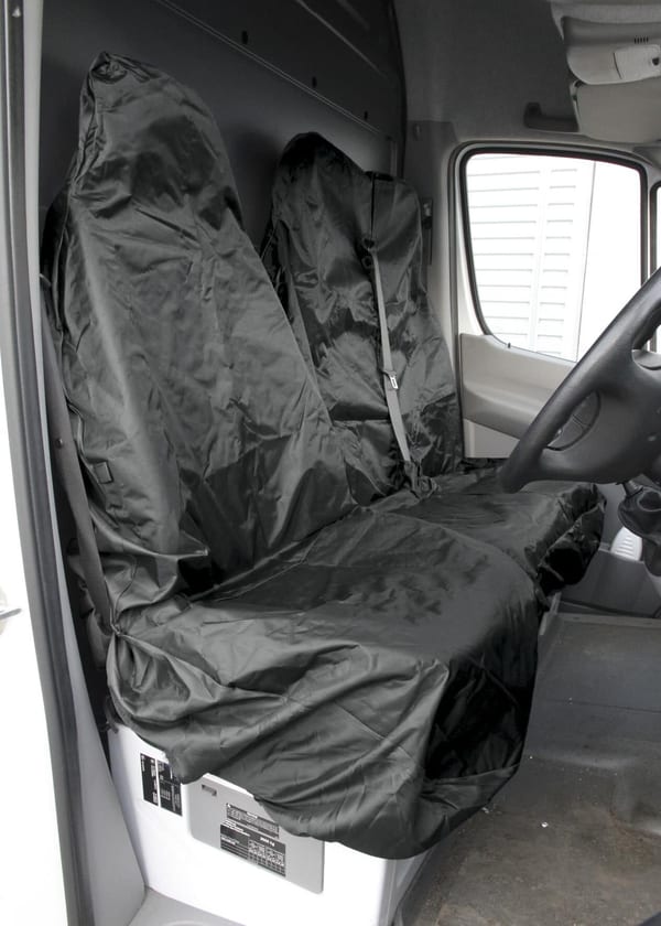 Heavy-duty van seat protector set, 2 pieces, black fabric, designed for vehicle maintenance.